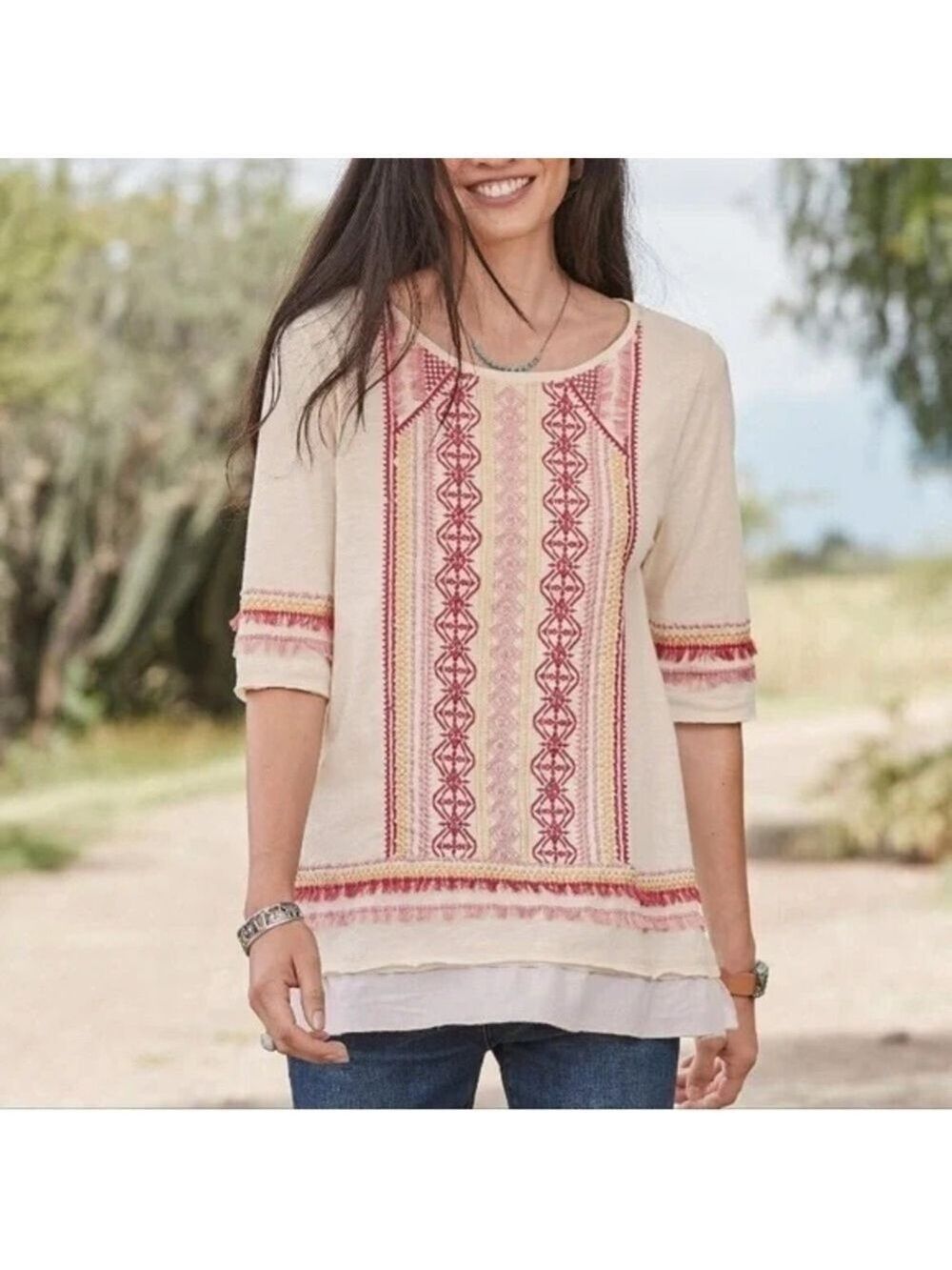 Sundance Montera Embroidered Fringe 3/4 Sleeve Tunic Top Small